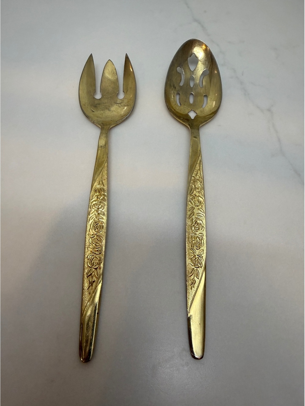 Vintage National Stainless korean Gold Tone Serving Fork and Slotted Spoon Set